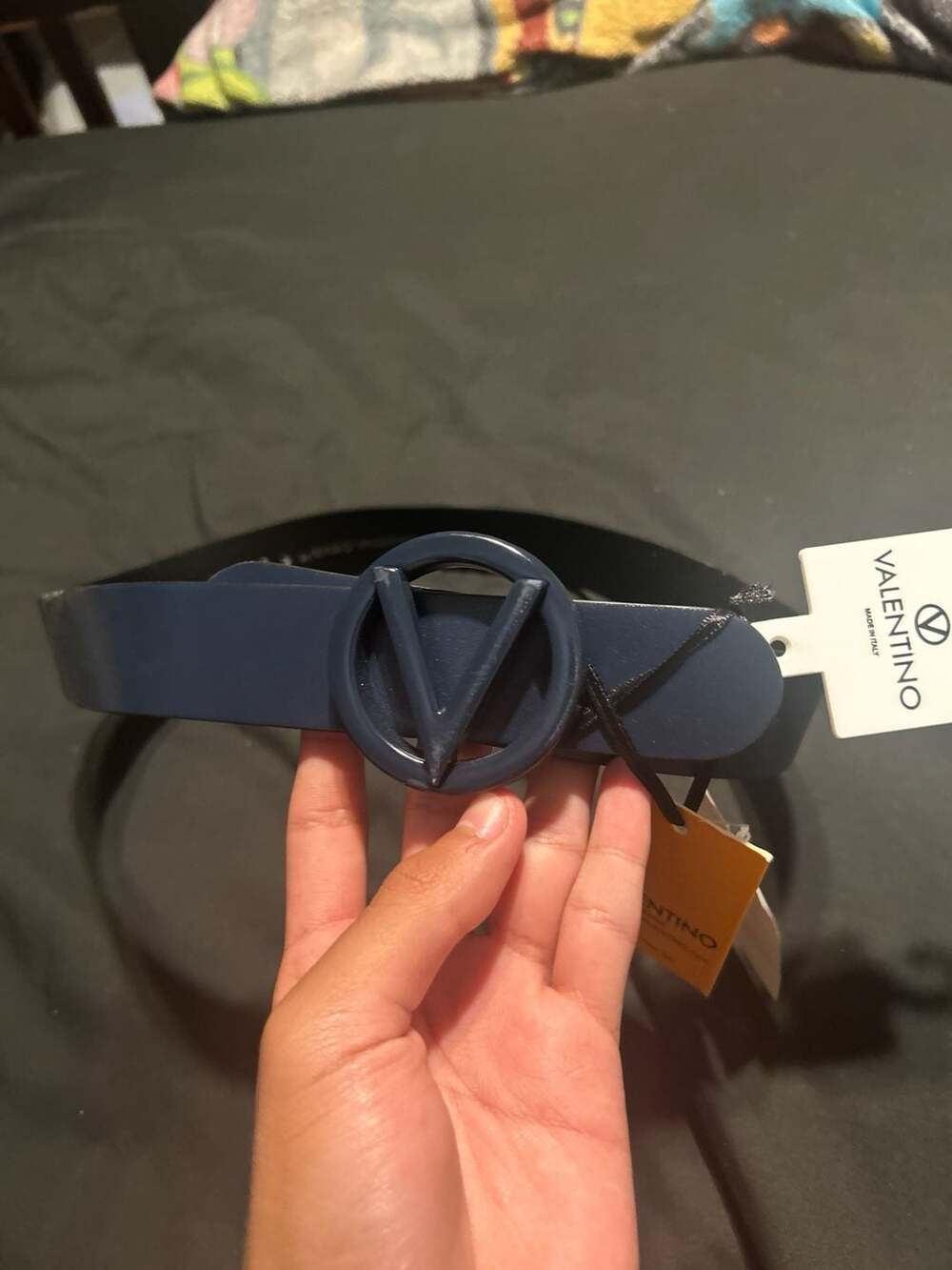 Valentino by Mario Valentino Midnight Blue Leather Tonal V-Logo Belt